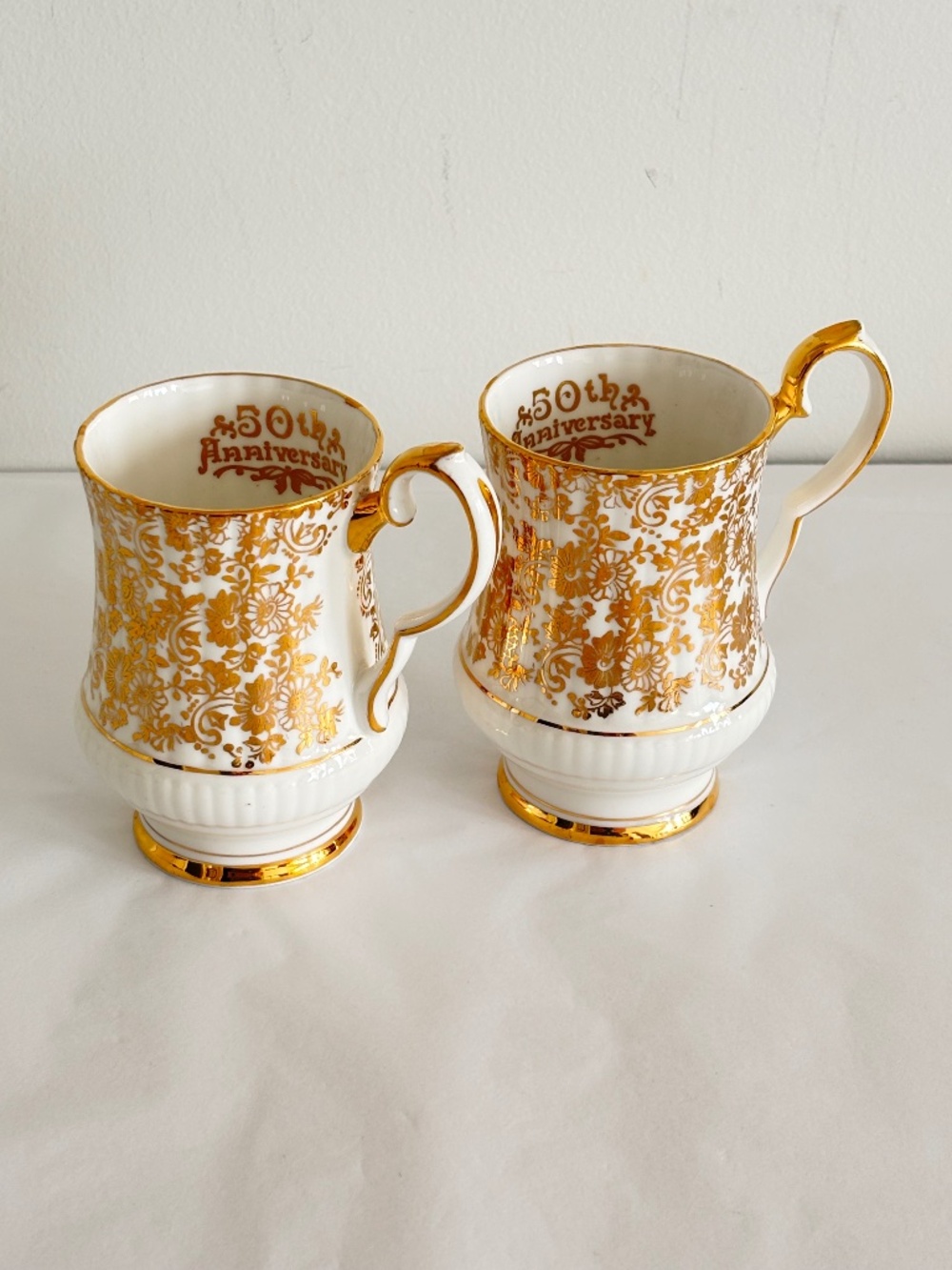 Vintage Royal Windsor bone china coffee tea cups '50th Anniversary' white & gold
